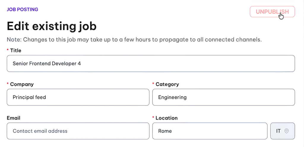 Screenshot of Hirematic's Mini ATS feature showing what editing and unpublishing a newly created job ad looks like